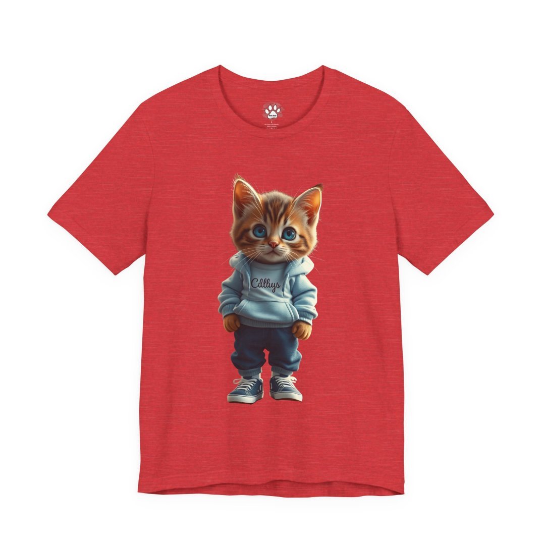 8591166890645332107_2048.jpeg Red t-shirt with a cute kitten in a hoodie and sneakers.