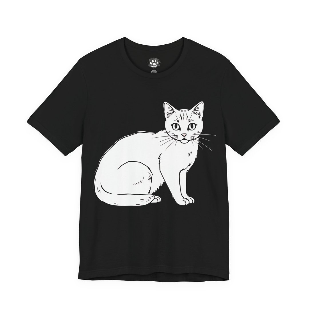 8664332918293766013_2048.jpeg Black t-shirt with a white cat illustration.