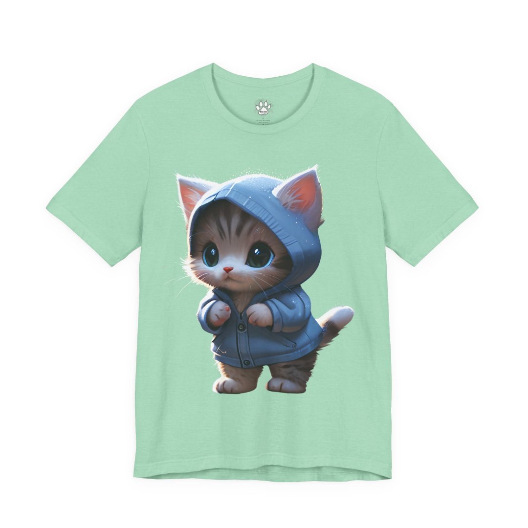Hoodie Kitten Graphic Tee. Cute kitten in a hoodie on a mint green T-shirt.