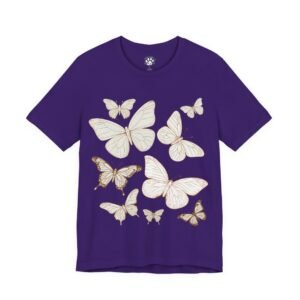 Purple t-shirt with white butterfly designs.