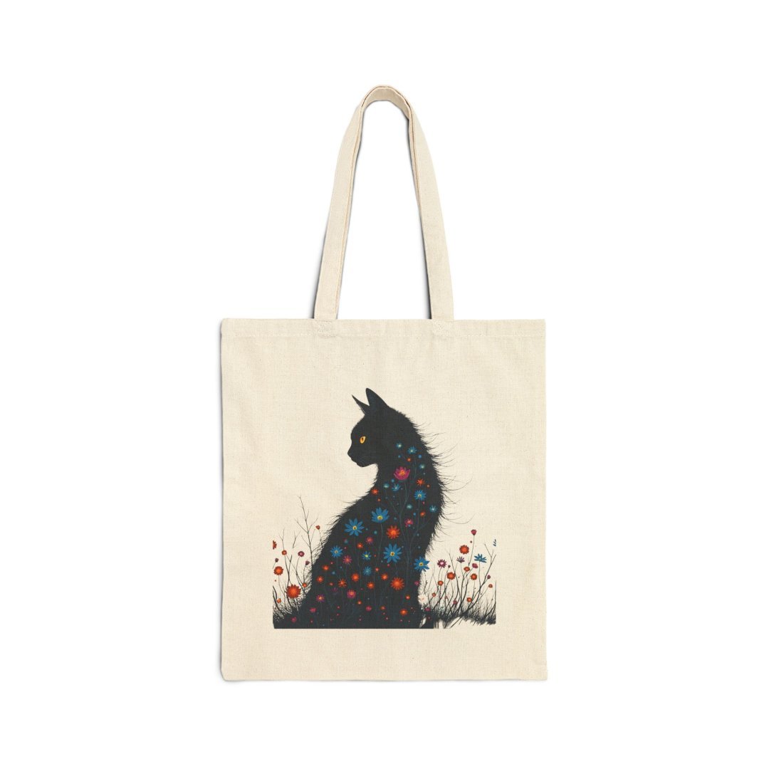 Black Cat Wildflower Canvas Tote Bag. Canvas tote bag with a black cat design featuring colorful flowers.