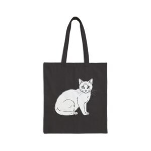 Snowboarding Cat Canvas Tote Bag Cat Illustration Tote Bag. Black tote bag with a white cat illustration.