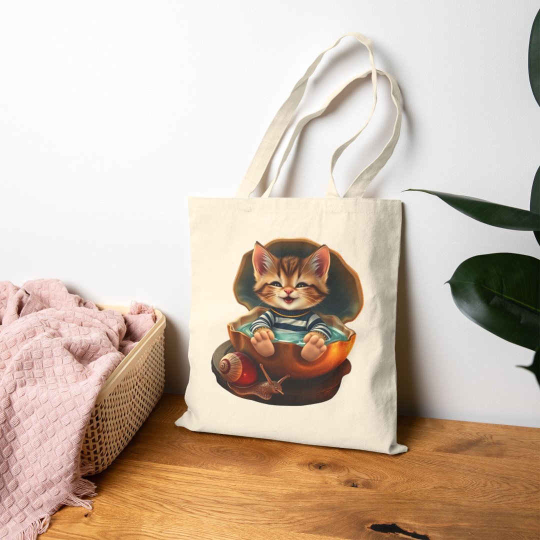 8836521548424567409_2048.jpeg Canvas tote bag with a cute kitten illustration wearing a striped shirt.
