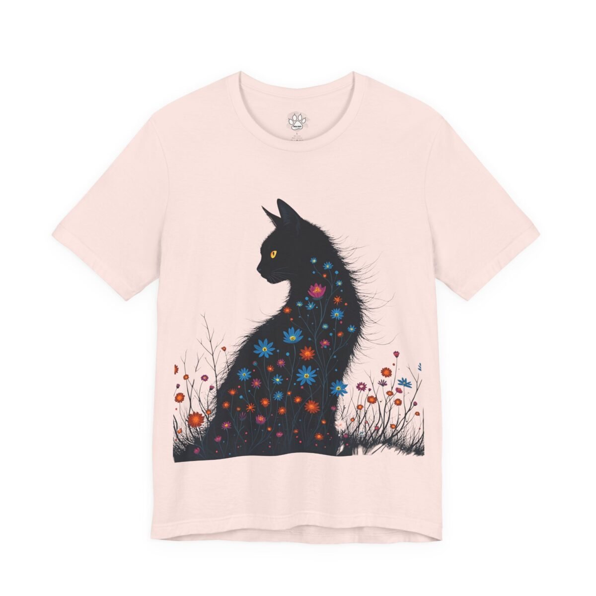 8858568232997162535_2048.jpeg Pink t-shirt with a black cat covered in colorful flowers.