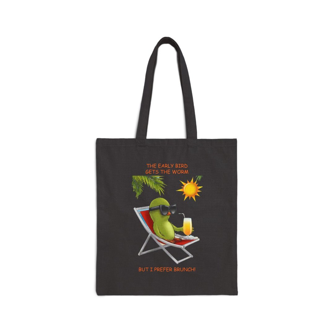 Brunch Lover Cotton Tote Bag. Tote bag with a cartoon bird lounging on a chair, wearing sunglasses.