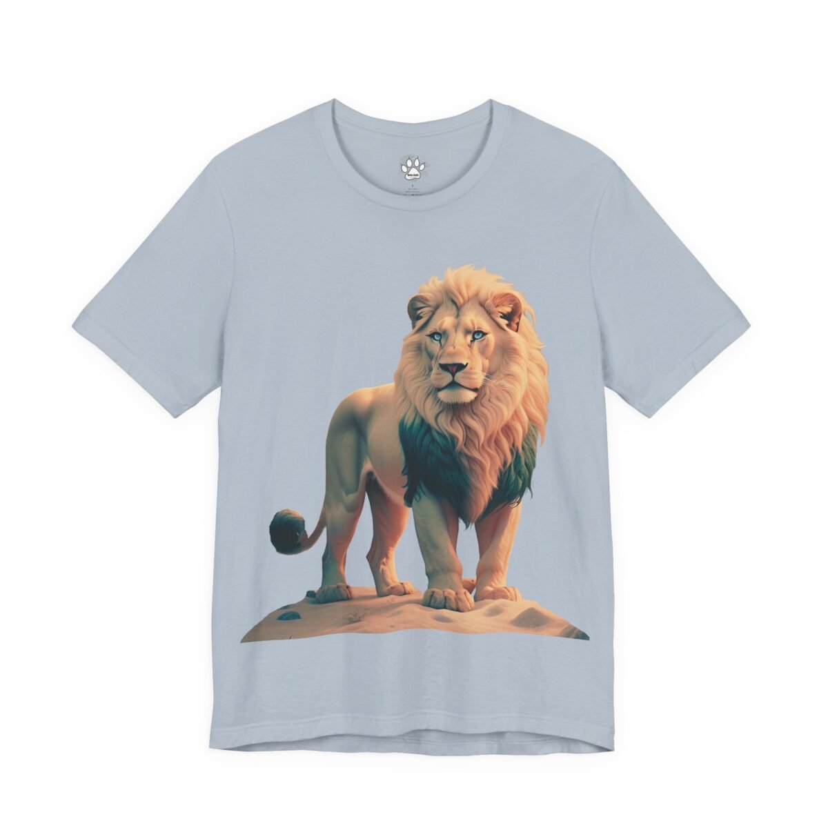 9065690326868162543_2048-1.jpeg Light blue t-shirt with a stylized lion graphic featuring a light mane with a dark green lower section and blue eyes.