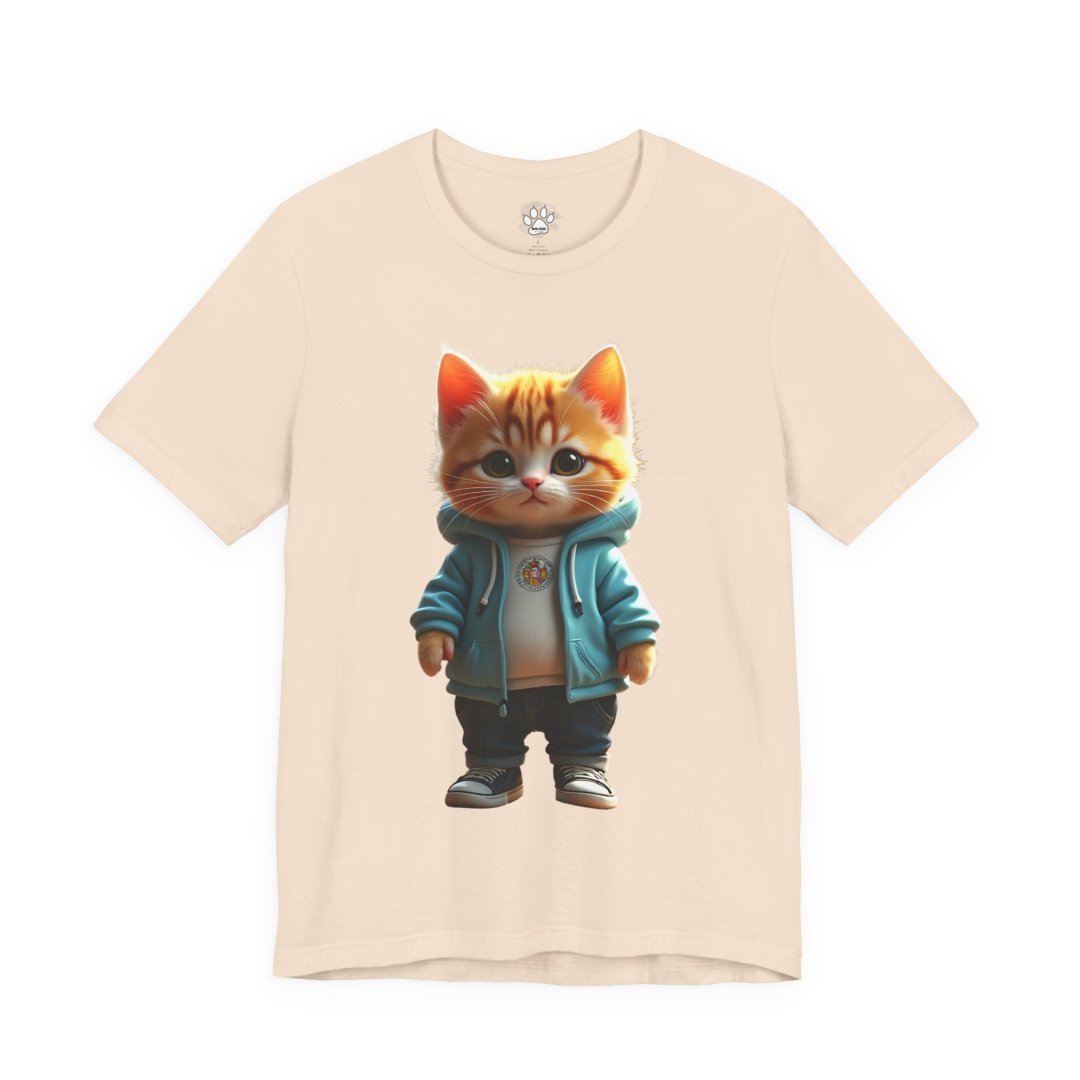 Adorable kitten in Jacket Graphic T-Shirt. T-shirt with cute orange cat in a blue hoodie design.