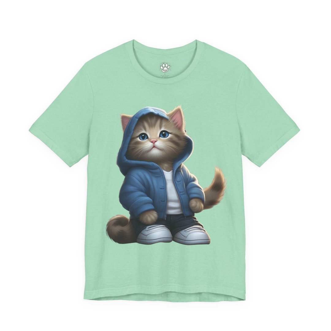 9294211130383707131_2048.jpeg T-shirt with cute cat in a hoodie and sneakers design.