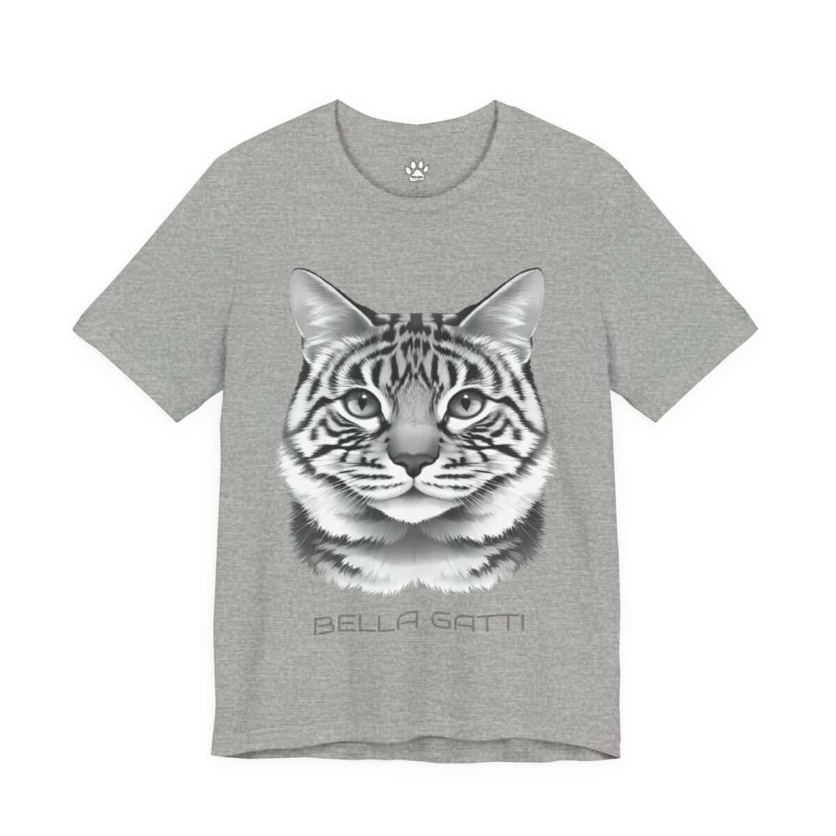 9433160218857099692_2048.jpeg Grey t-shirt with a black and white tabby cat face graphic and "BELLA GATTI" text.