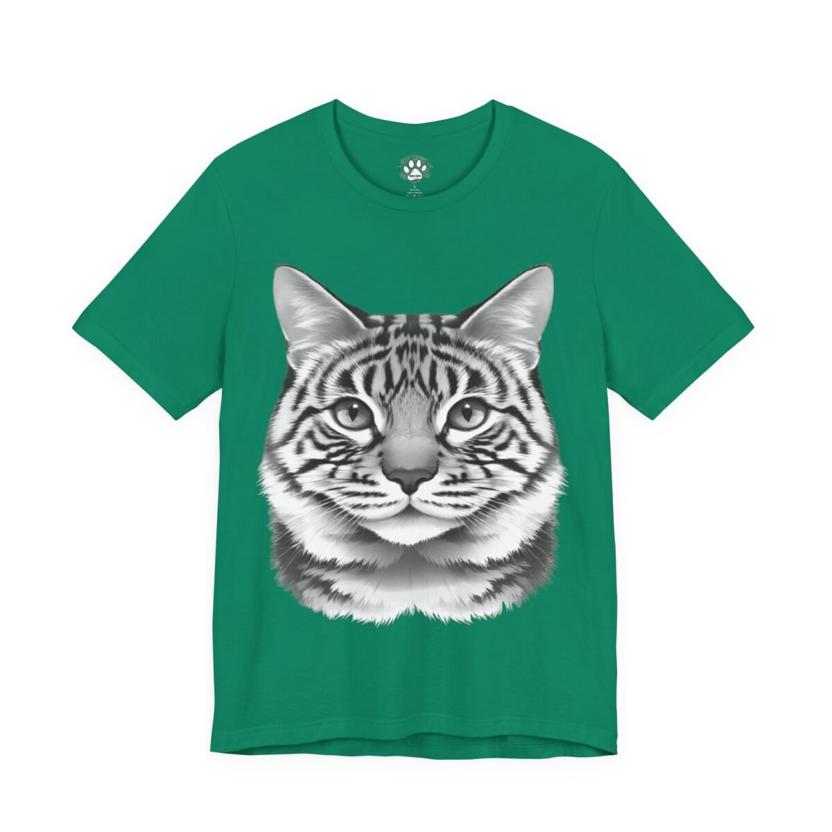 965579493143146947_2048.jpeg Green t-shirt with a monochrome striped cat's head.