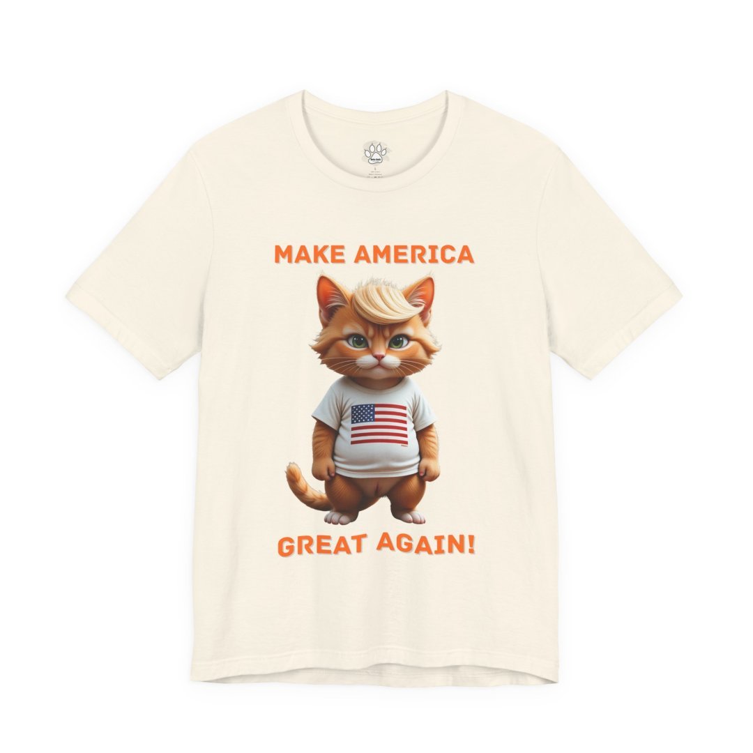 977342960918235503_2048.jpeg T-shirt with a cartoon cat wearing a USA flag shirt and text 'Make America Great Again'.