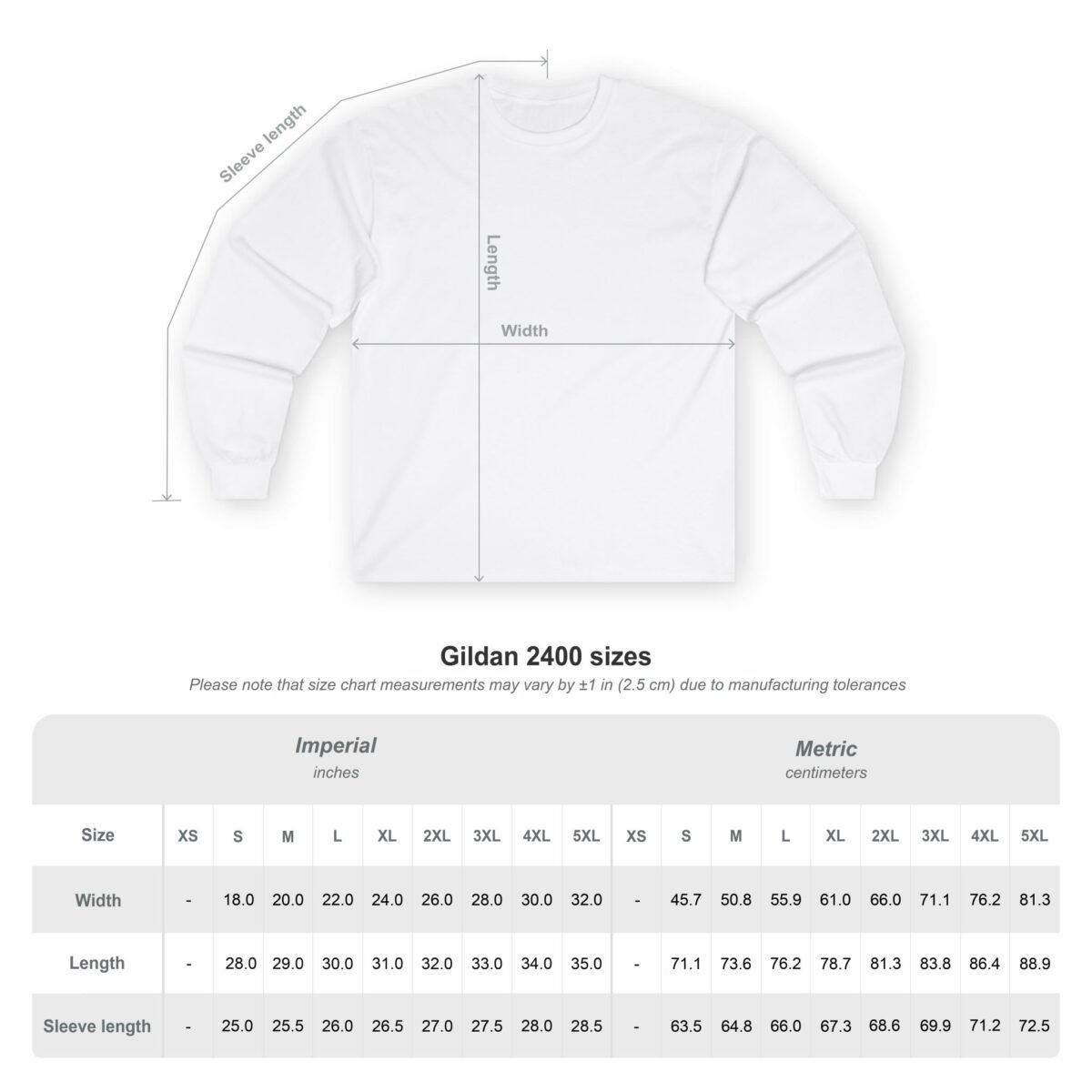 10027079600546202511_2048.jpeg Gildan 2400 long-sleeve t-shirt size chart with width, length, and sleeve measurements in inches and centimeters.