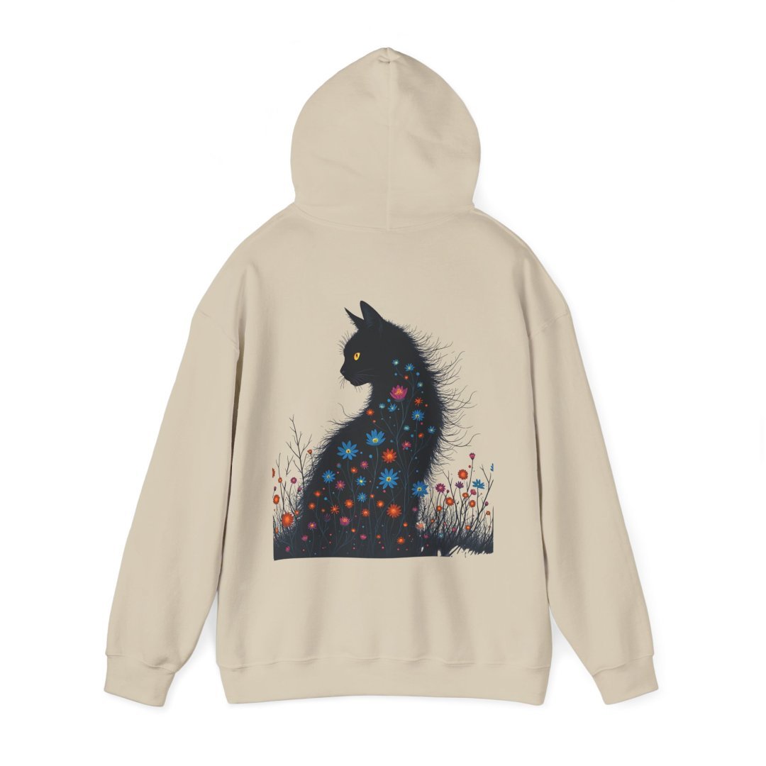 10131061361499081544_2048.jpeg Beige hoodie with a black cat and colorful flowers design on the back.