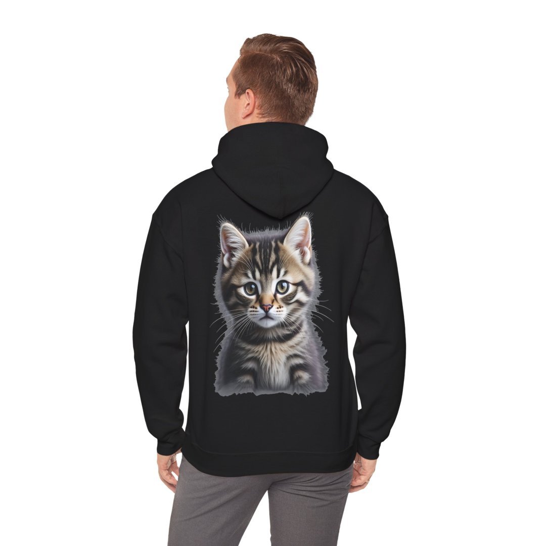 10159400108858894872_2048.jpeg Man wearing a black hoodie with a kitten print on the back.