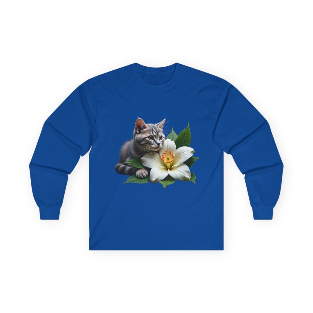 10195979108963330204_2048.jpeg Blue long-sleeved shirt with a graphic of a kitten and white lily.