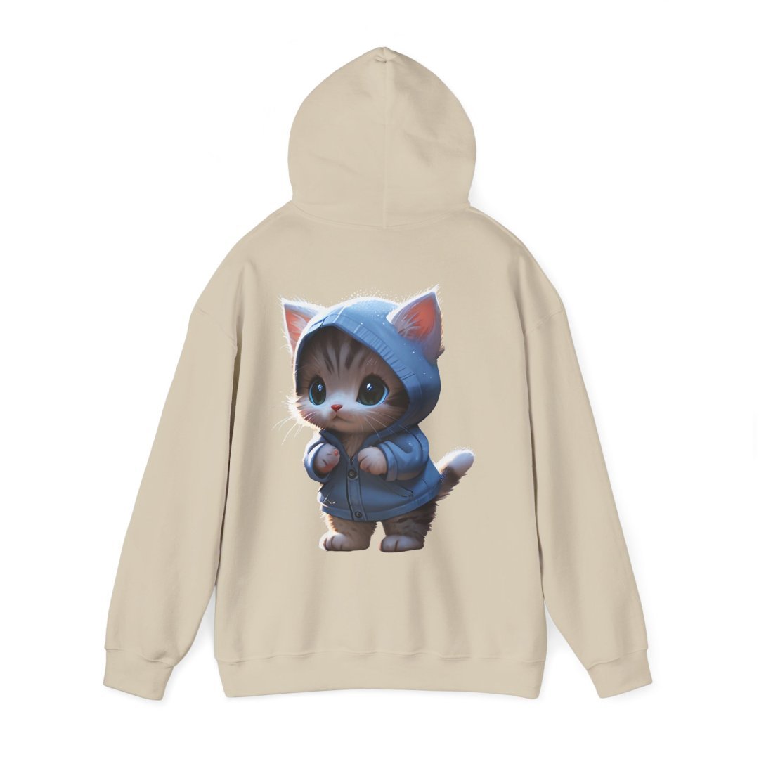 10205537130722377608_2048.jpeg Beige hoodie with a cute kitten in a blue hoodie printed on the back.