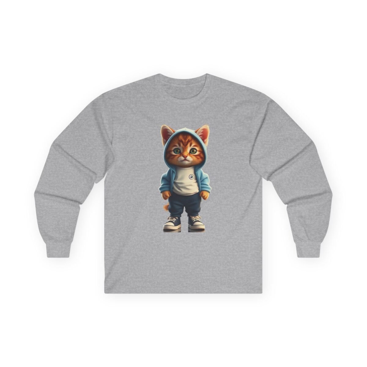 10209668976141746516_2048-1.jpeg Cartoon cat wearing a blue hoodie, jeans, and sneakers on a gray long-sleeve shirt.