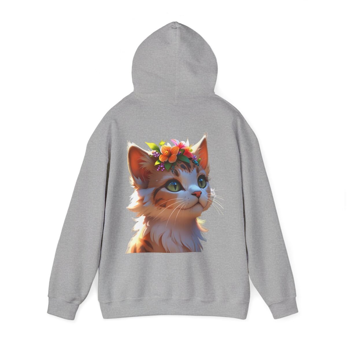 10214996085755062431_2048.jpeg Grey hooded sweatshirt featuring a cute cartoon cat with a flower crown.