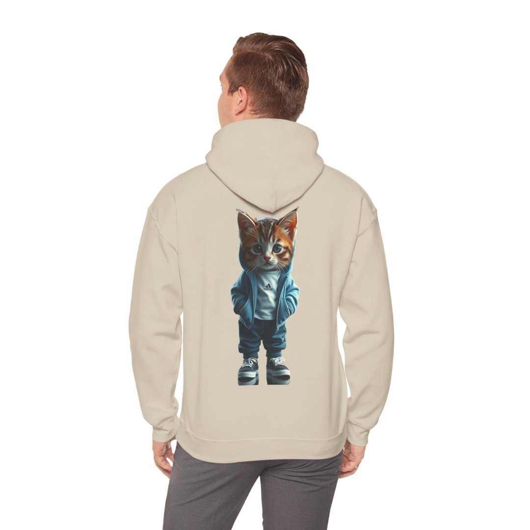 10271562789226096666_2048.jpeg Man wearing a hoodie with a cute cat in a jacket printed on the back.