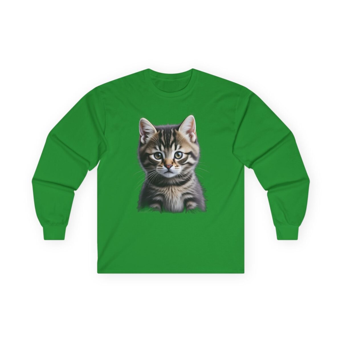 10282501733995712516_2048-1.jpeg Green long-sleeve shirt with an adorable tabby kitten's face on the front.
