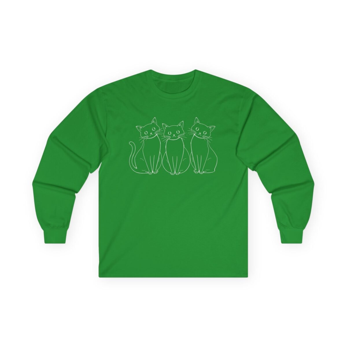 10332284354581811385_2048.jpeg Green long-sleeve t-shirt with three outline cats.
