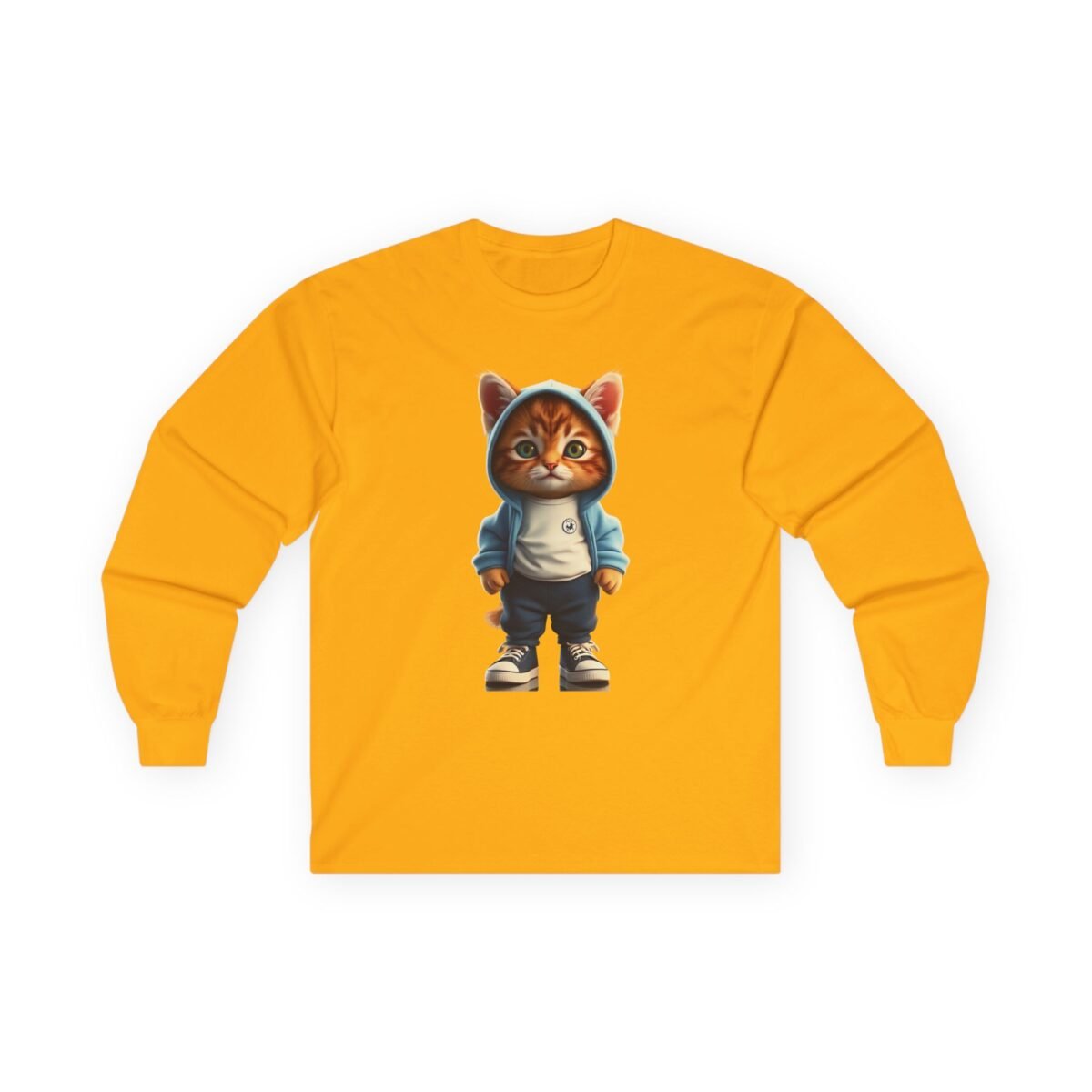 10386517619879151857_2048-1.jpeg Yellow long-sleeve shirt with a graphic of a cartoon tabby cat wearing a blue hoodie and sneakers.