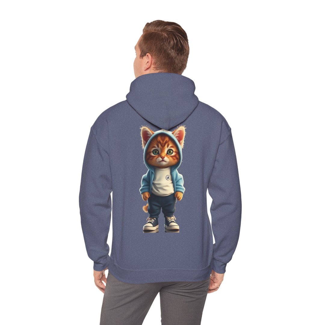 10387111569165229723_2048.jpeg Man wearing a hoodie with a cartoon cat in a hoodie on the back.