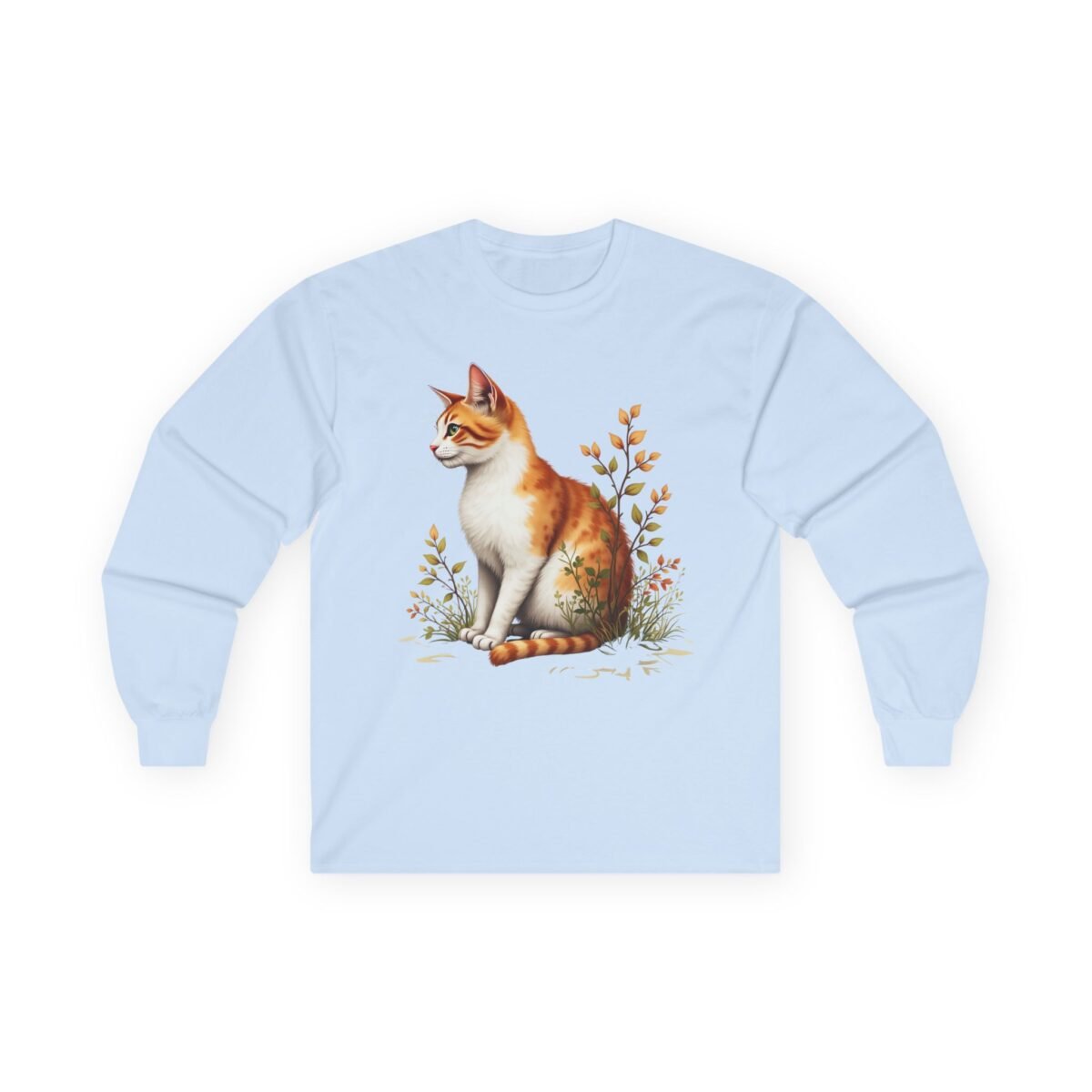 10534488956822061815_2048.jpeg Light blue long-sleeve shirt with a sitting orange and white cat surrounded by autumn foliage.