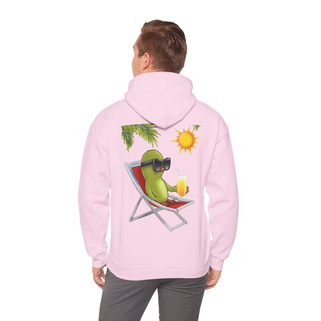 10596686562088870219_2048.jpeg Man wearing pink hoodie with cartoon avocado on a beach chair design.