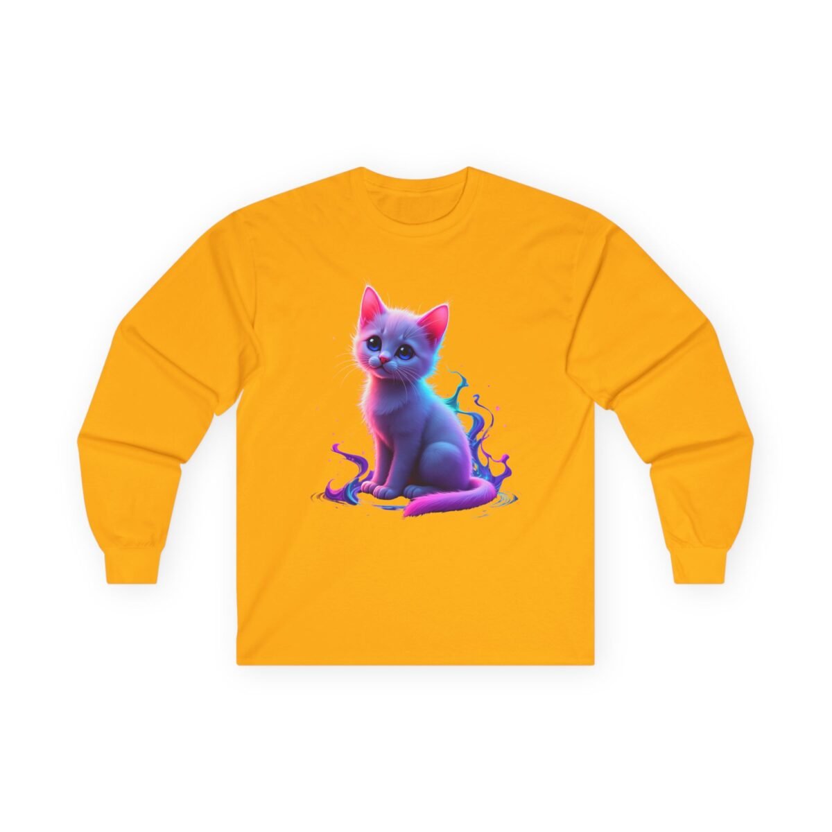 10644989831368201157_2048.jpeg Orange long-sleeve t-shirt with a graphic of a vibrant purple and pink kitten.