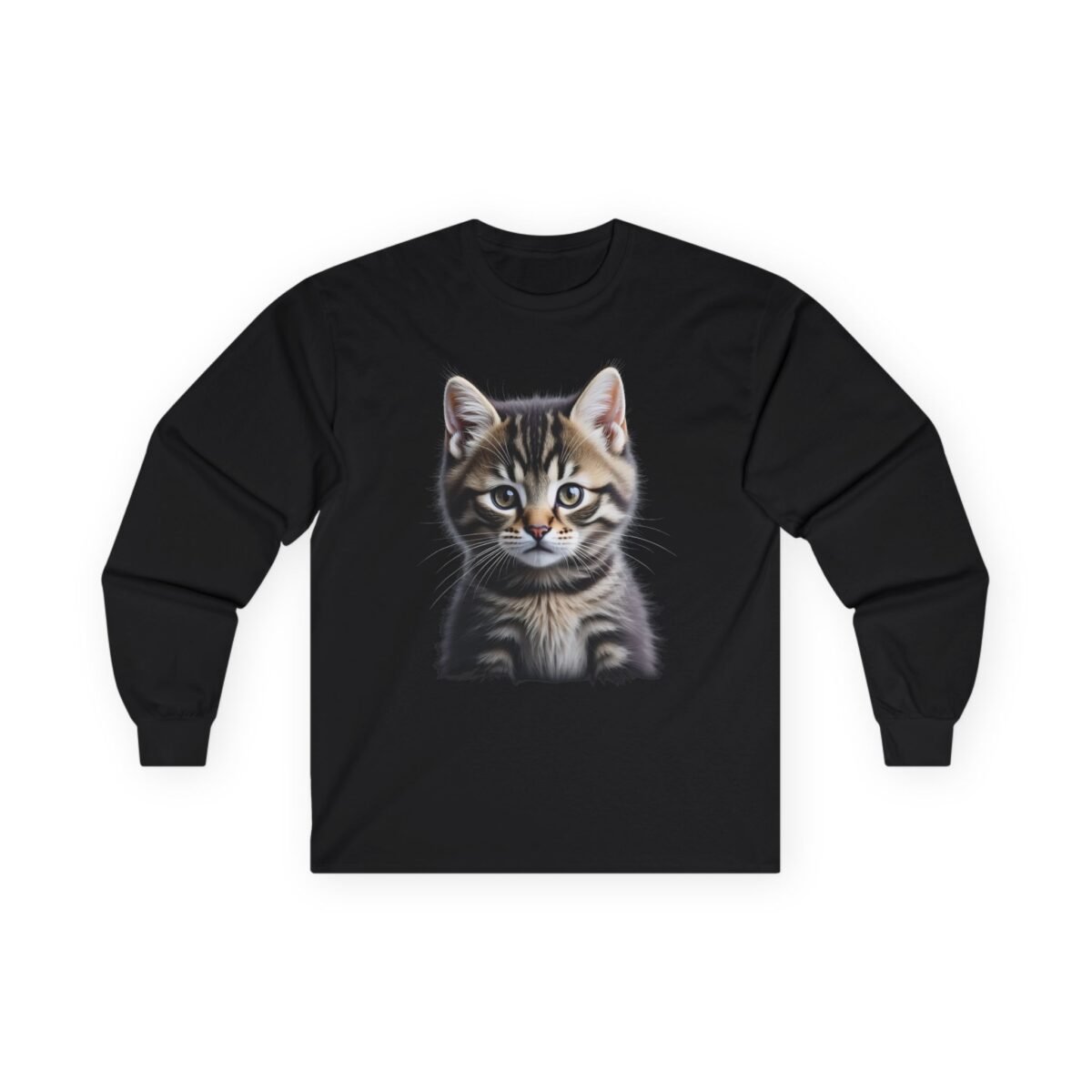 10654745178715089589_2048-1.jpeg Black long-sleeve shirt with a cute tabby kitten graphic.