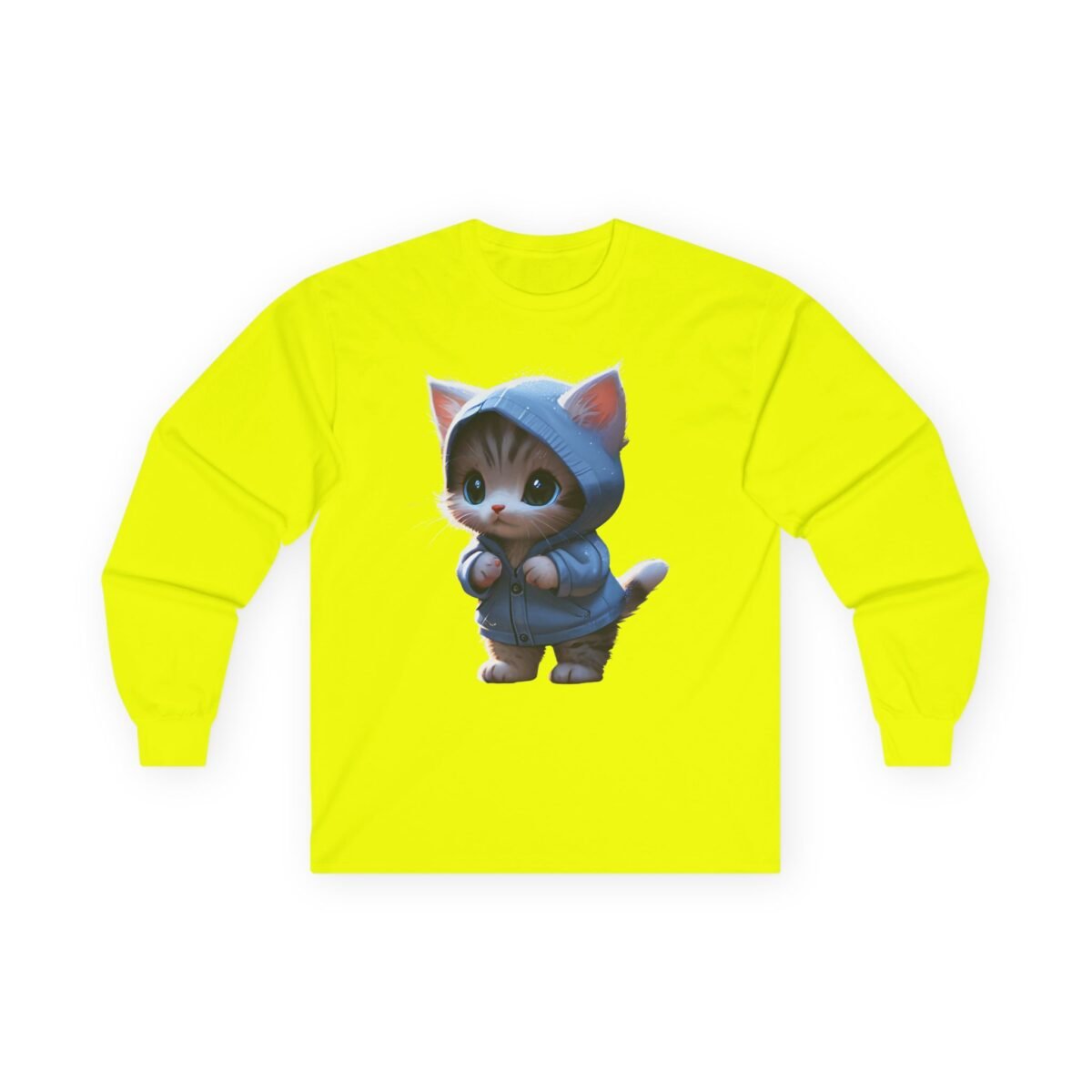 10659532970329621066_2048.jpeg Bright yellow long-sleeved shirt with a cute cartoon kitten wearing a blue hoodie.