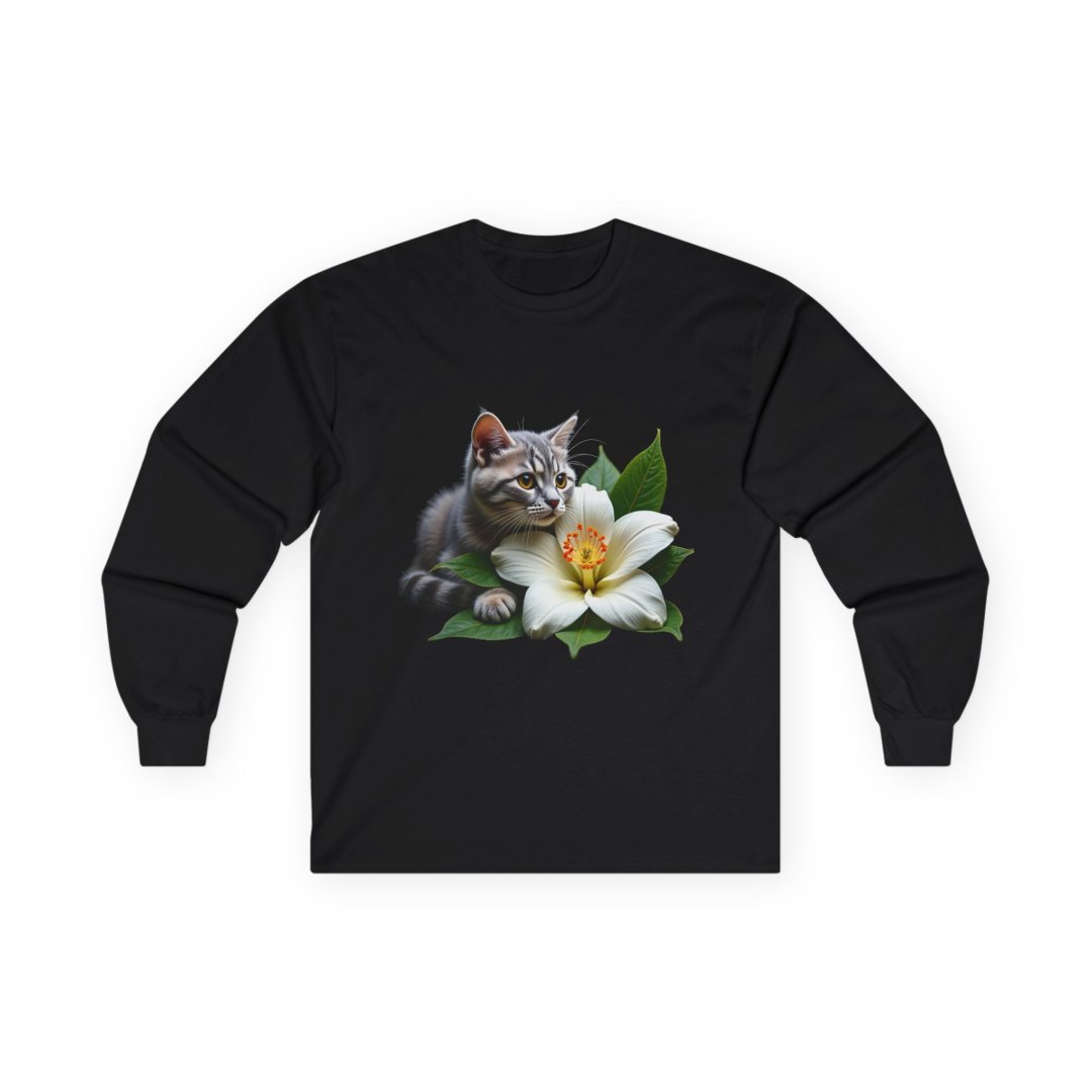 10686834365582972623_2048.jpeg Black long-sleeve shirt with a kitten and white lily design.