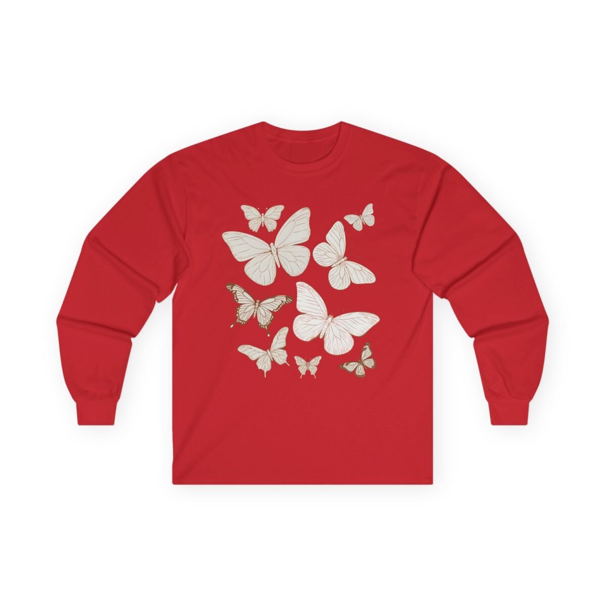 10795185812927651096_2048.jpeg Red long-sleeve shirt with a scattered pattern of various white butterflies.