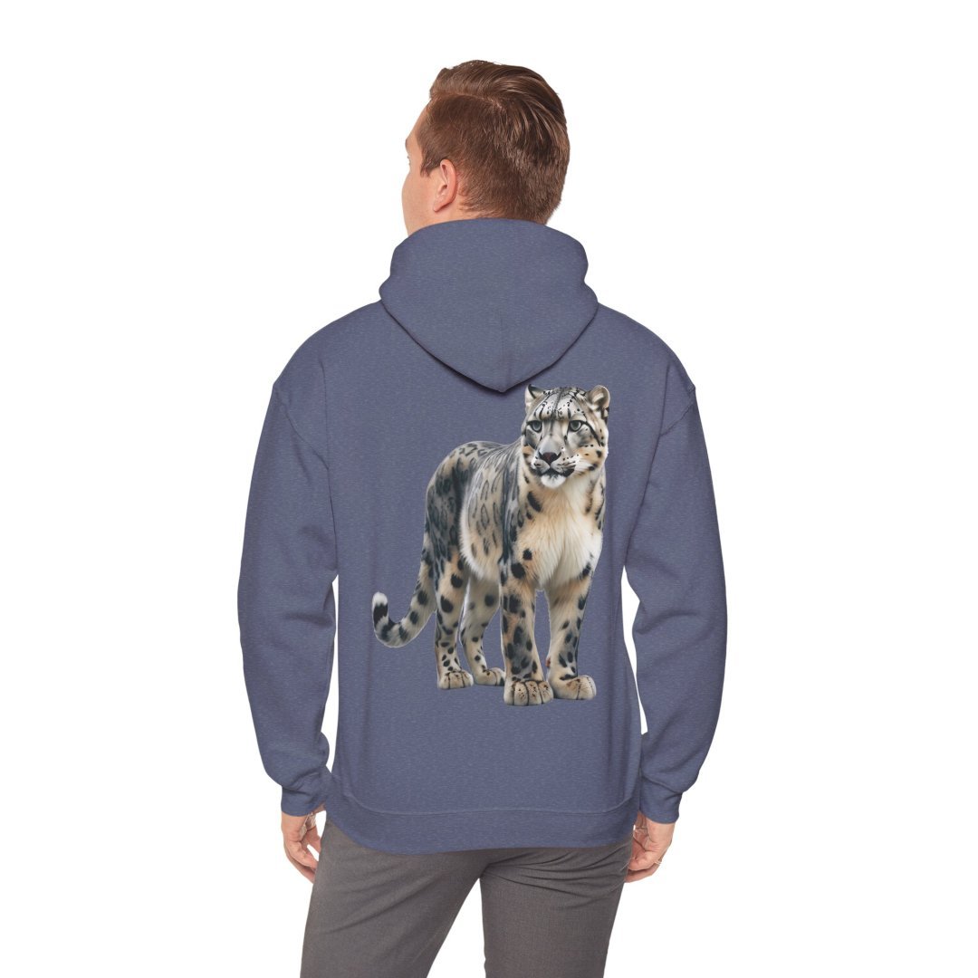 10874136487516075650_2048.jpeg Man wearing a blue hoodie with a snow leopard design on the back.