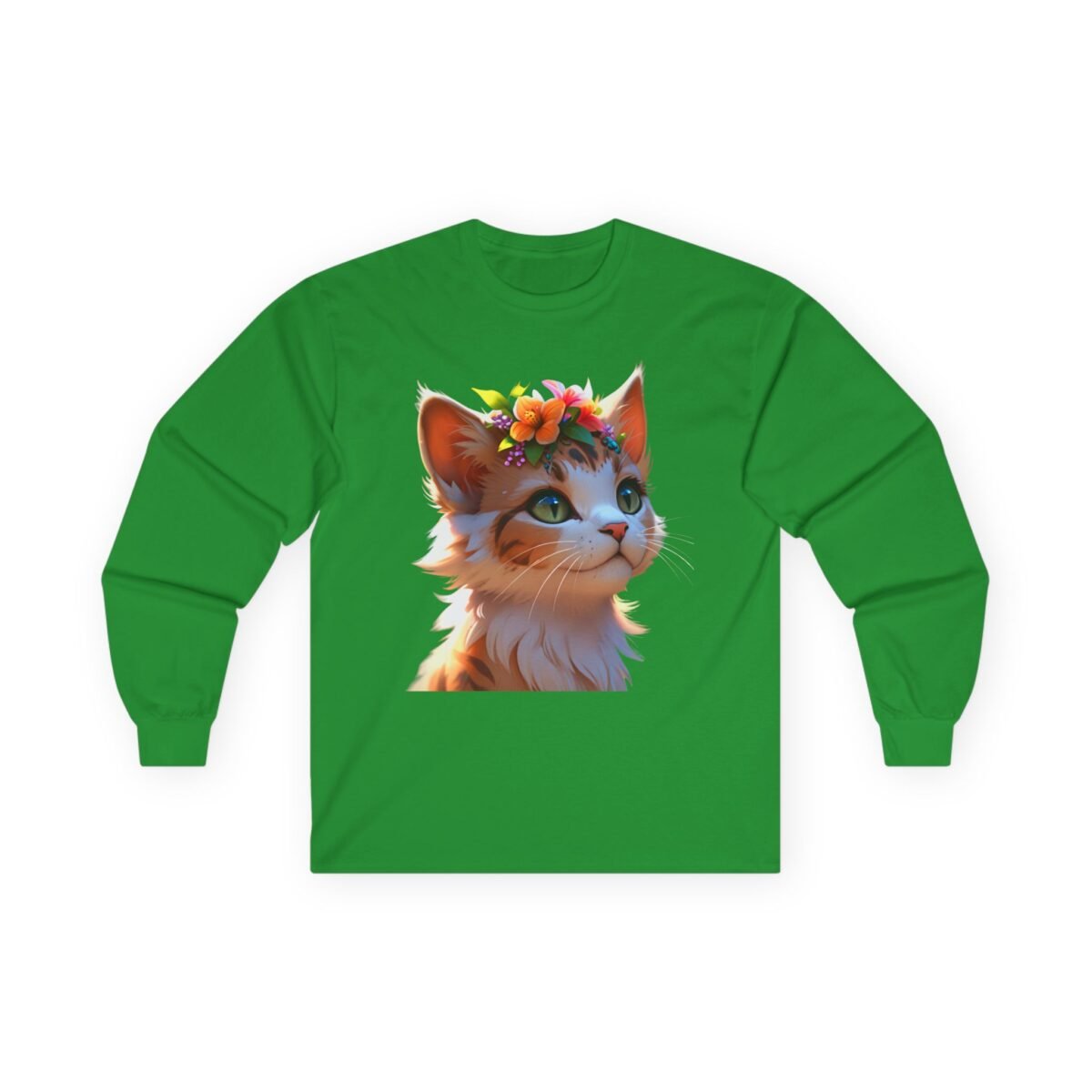 10937046105845197120_2048-1.jpeg Green long-sleeve shirt with a graphic of an orange and white cat wearing a flower crown.