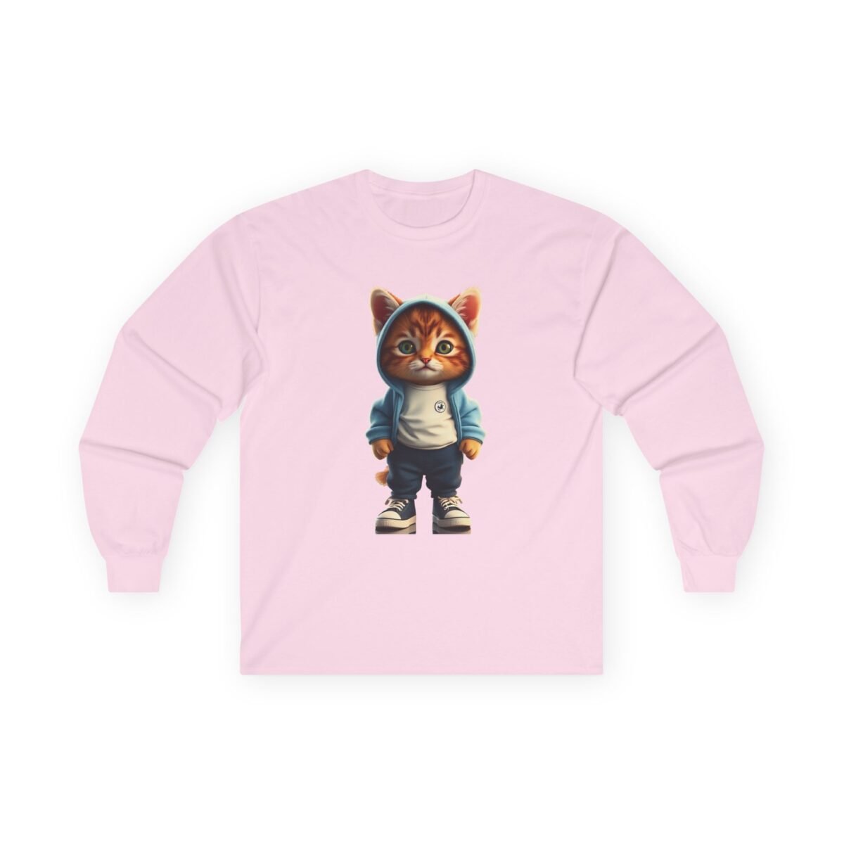 10952772215306536133_2048-1.jpeg Light pink long-sleeve shirt featuring a cartoon ginger cat wearing a blue hoodie, pants, and sneakers.