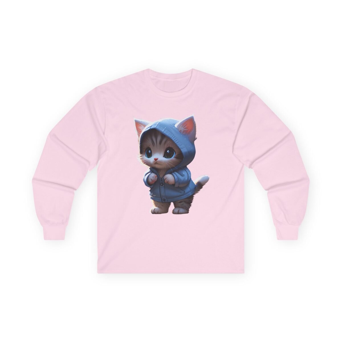 10956182529895897044_2048.jpeg Pink long-sleeve t-shirt with a cute kitten wearing a blue raincoat.