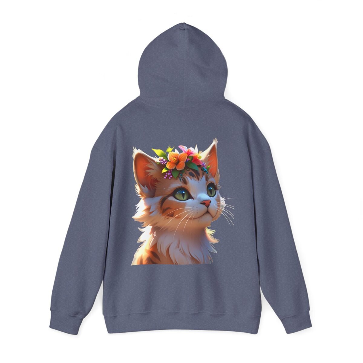 11004877018914660017_2048.jpeg Blue-grey hoodie with an orange cat wearing a floral crown on the back.