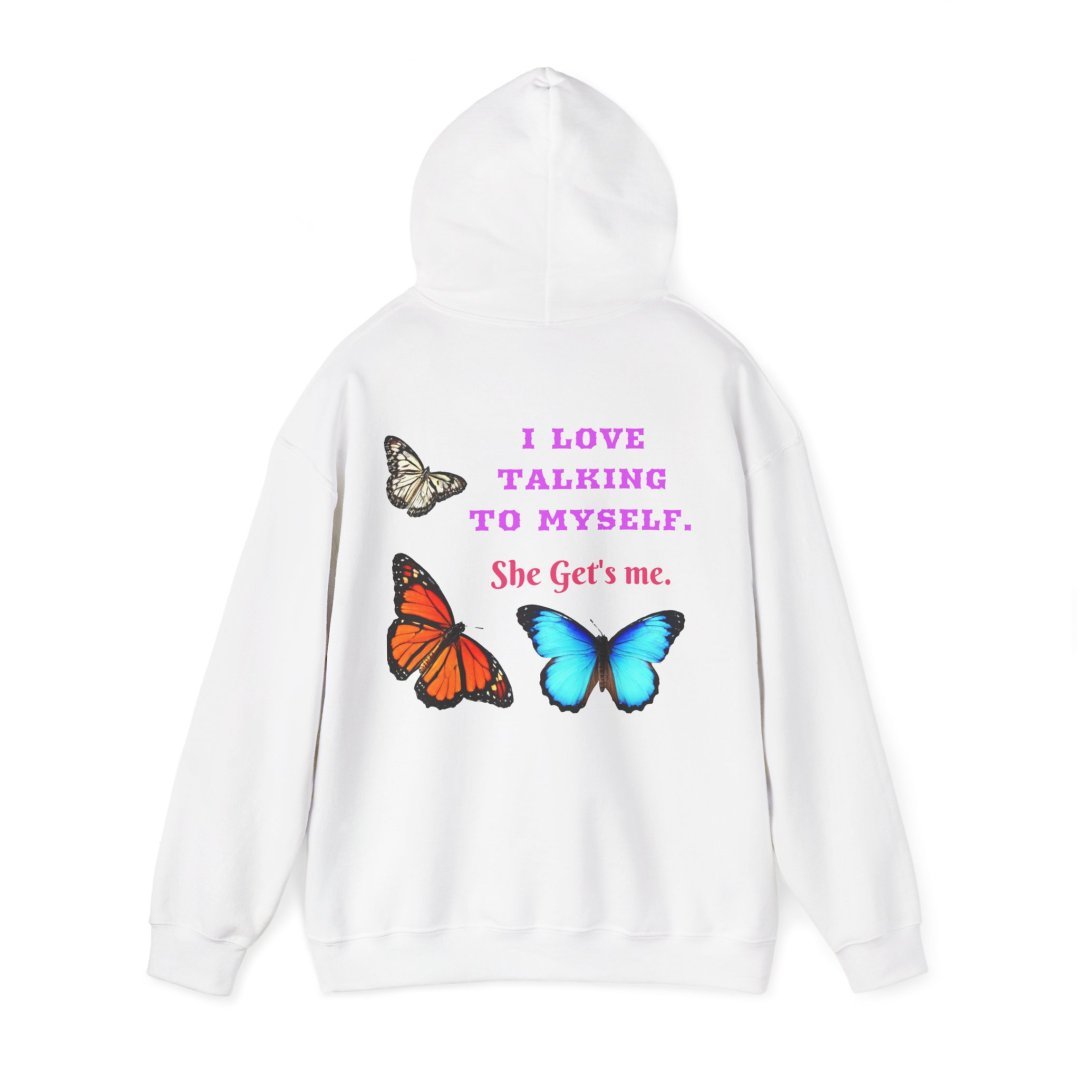 11032338387844615873_2048.jpeg White hoodie with colorful butterflies and text on the back.