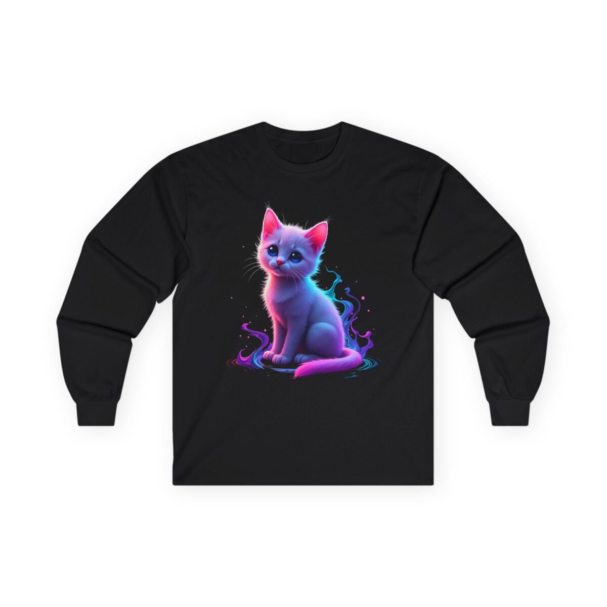 11062746912222239232_2048.jpeg Black long-sleeve shirt with a glowing pink and purple kitten amidst neon swirls.