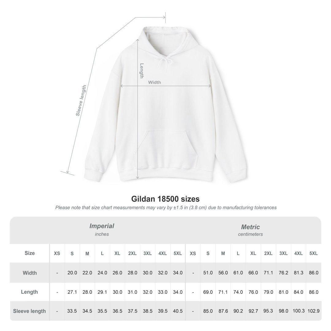 11149714748094887489_2048.jpeg White hoodie with size chart and measurements in inches and centimeters.