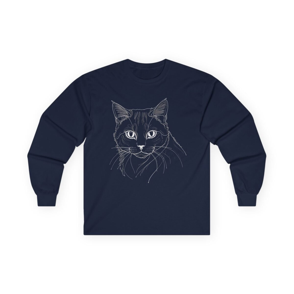 11158041181591875623_2048.jpeg Navy blue long-sleeve shirt with a white line-art cat face.