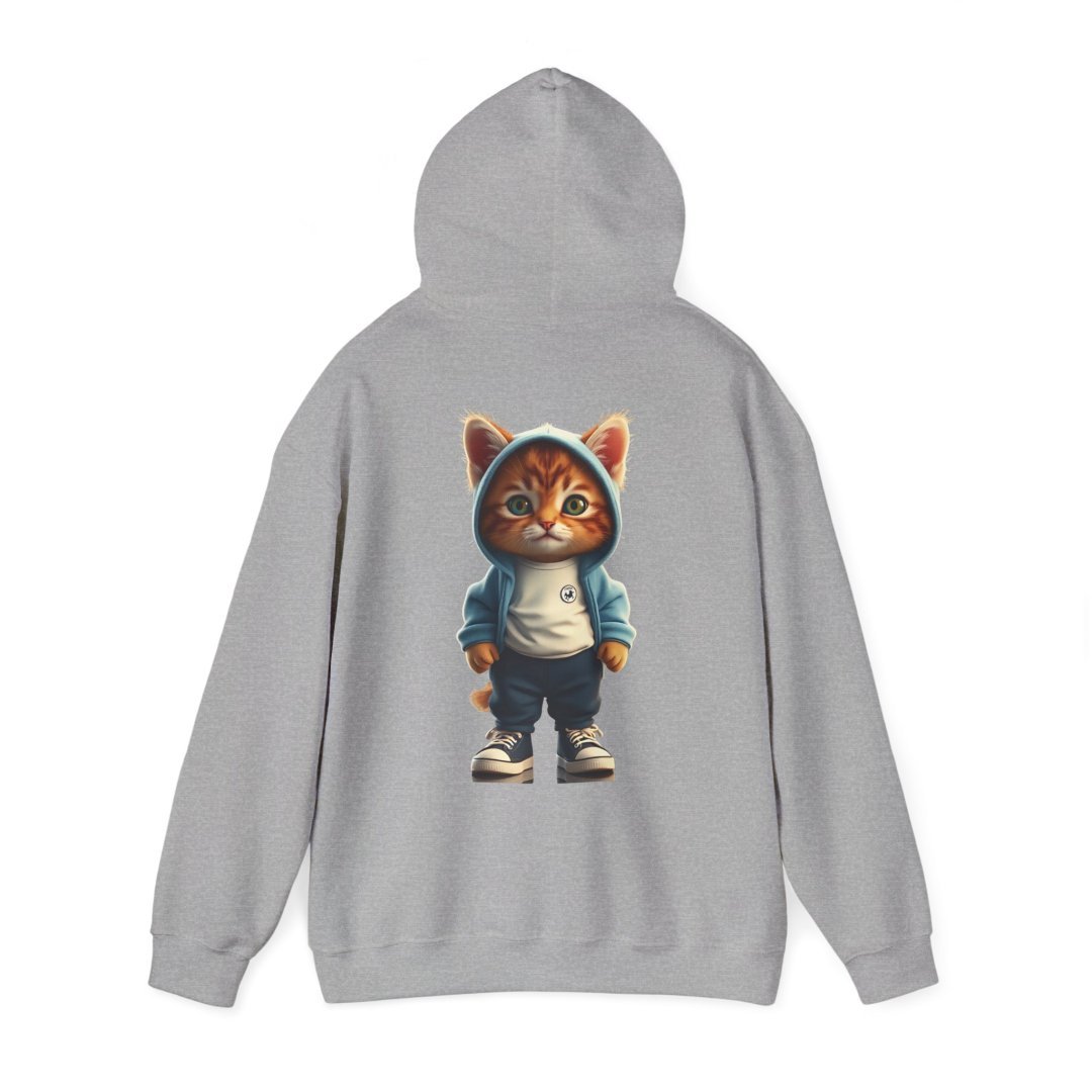 11161201871930939055_2048.jpeg Gray hoodie with a cute cat in a blue hoodie and sneakers printed on the back.