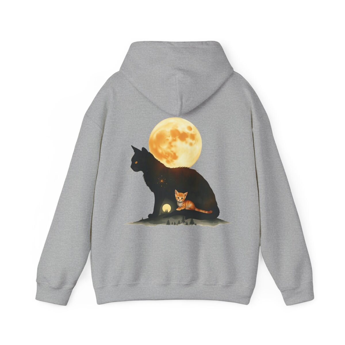 11279172225009603708_2048.jpeg Grey hoodie with a black cat silhouette design, featuring an orange moon and a small orange kitten inside.