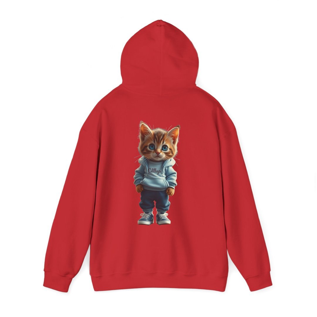 11353897391479944953_2048.jpeg Red hoodie featuring a cute cat in a hoodie and sneakers.