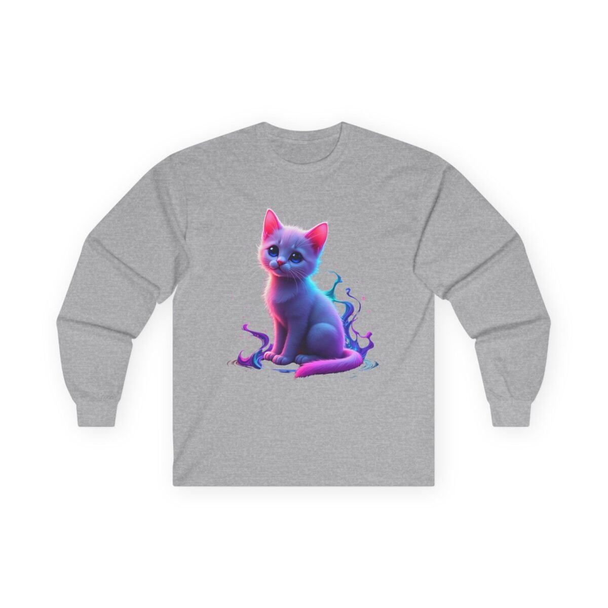 11361946998811688566_2048.jpeg Grey long-sleeve t-shirt with a vibrant neon kitten graphic.