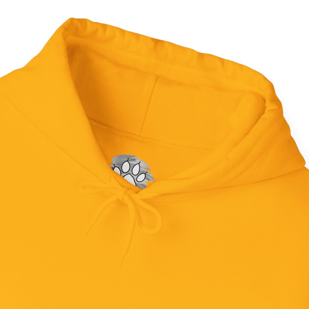 11395284787458623031_2048.jpeg Bright yellow hoodie with a paw print tag inside the collar.