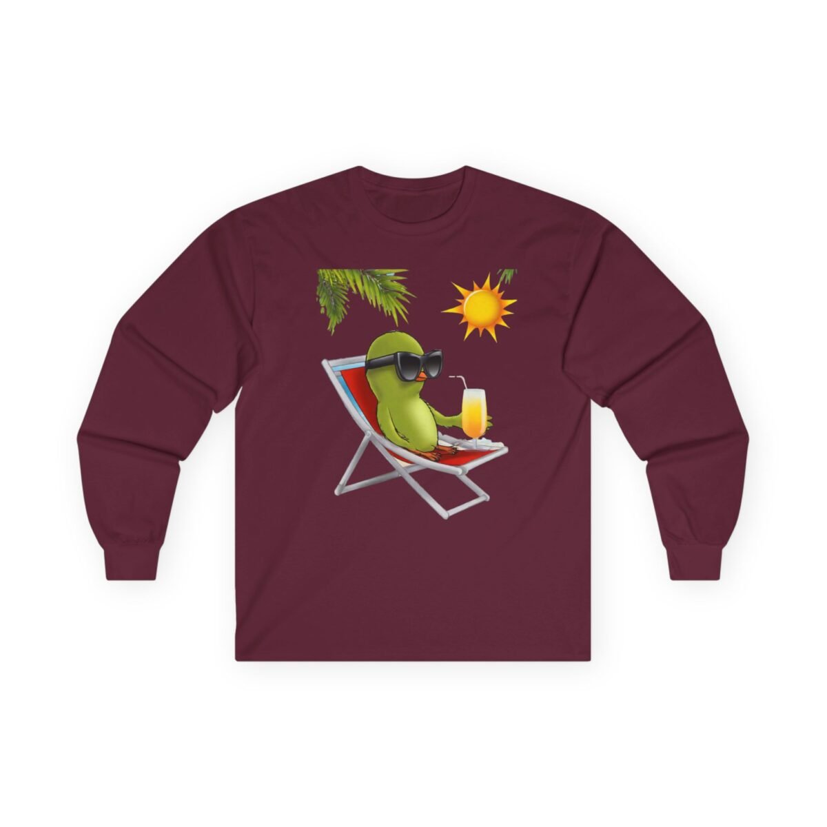 1155746016256516121_2048.jpeg Maroon long-sleeve shirt with a green character in sunglasses lounging in a beach chair holding a drink.
