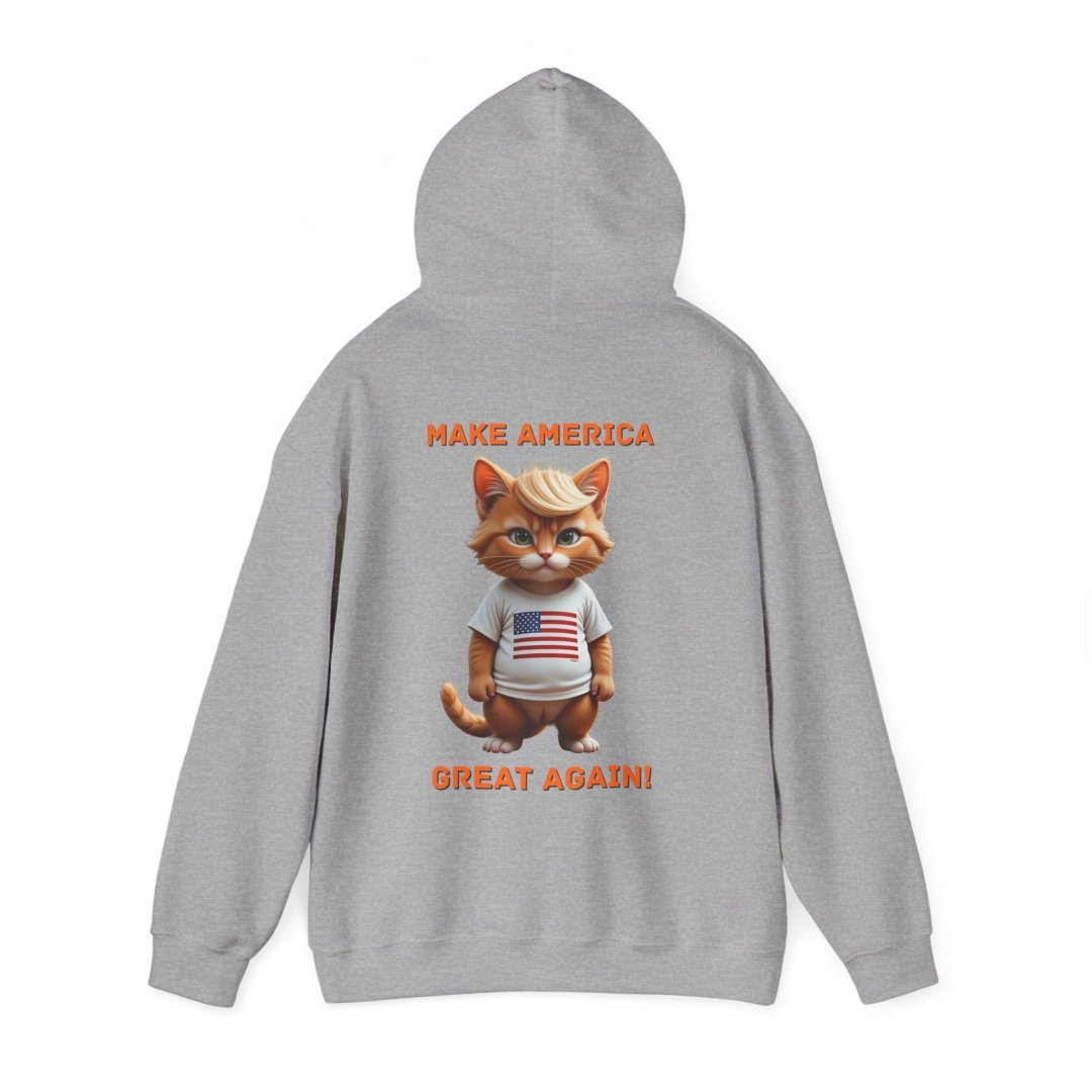 1159443360671023950_2048.jpeg Gray hoodie with a cartoon cat wearing an American flag shirt and text 'Make America Great Again'.